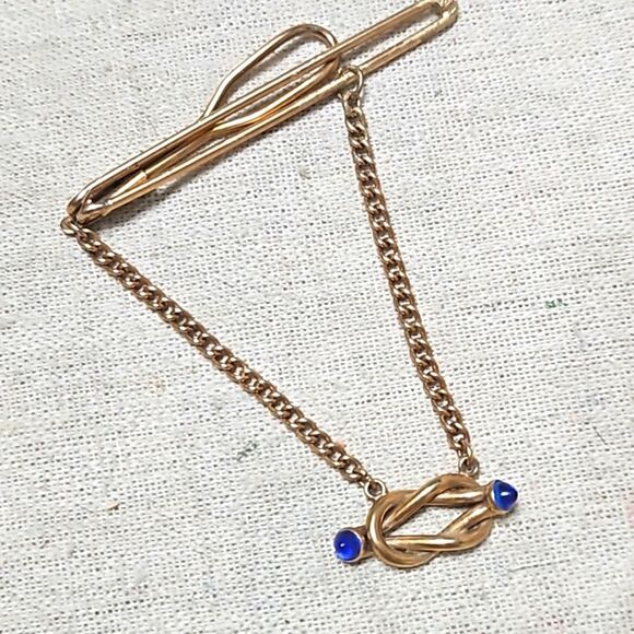 Vintage Swank 30s Blue Glass Tipped Gold Filled Cufflinks Tie Clip Set - Picture 4 of 9